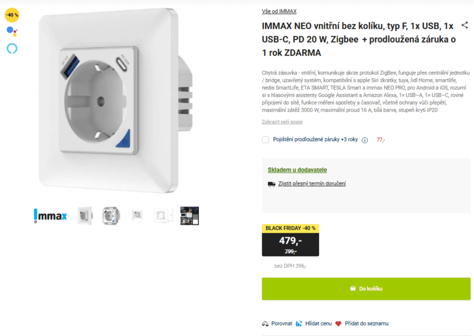 Chytrá vnitřní zásuvka Immax, USB 20W, apk