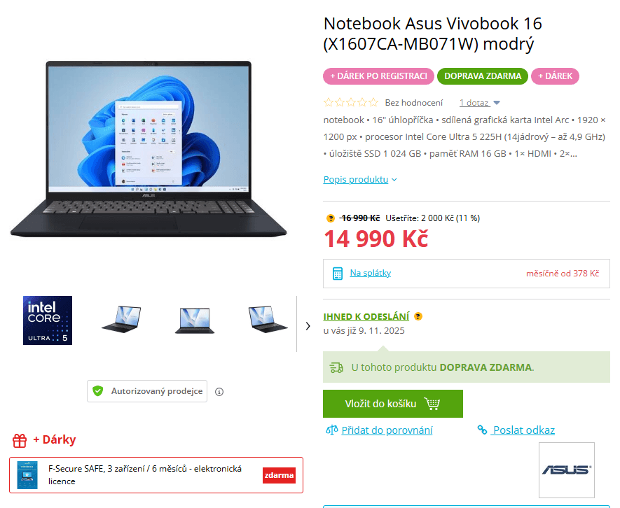 Asus Vivobook 4,9 GHz, 16/1000GB, 16", 