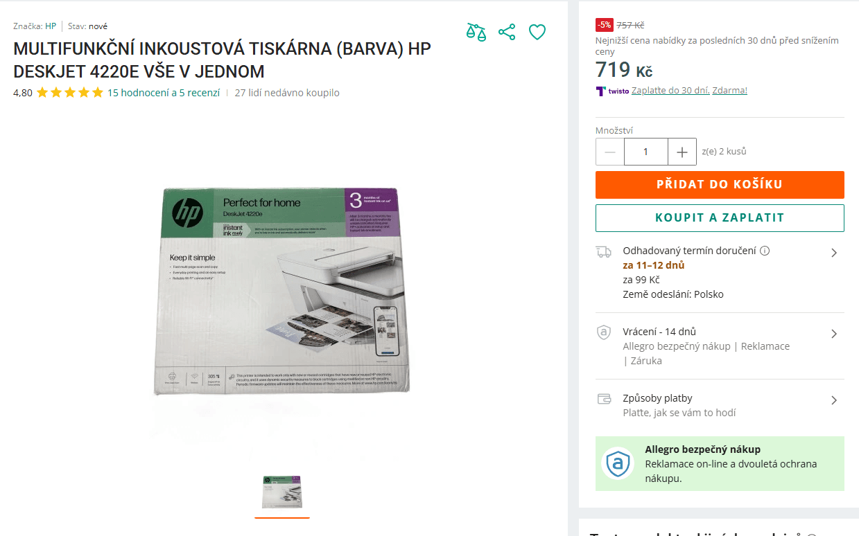 Multifunkce barva, ink, HP, Wifi