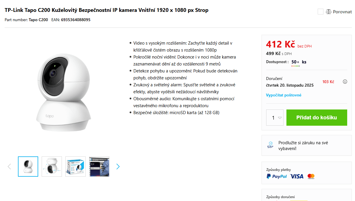 2K kamera Tapo, pohyb, detekce, noc