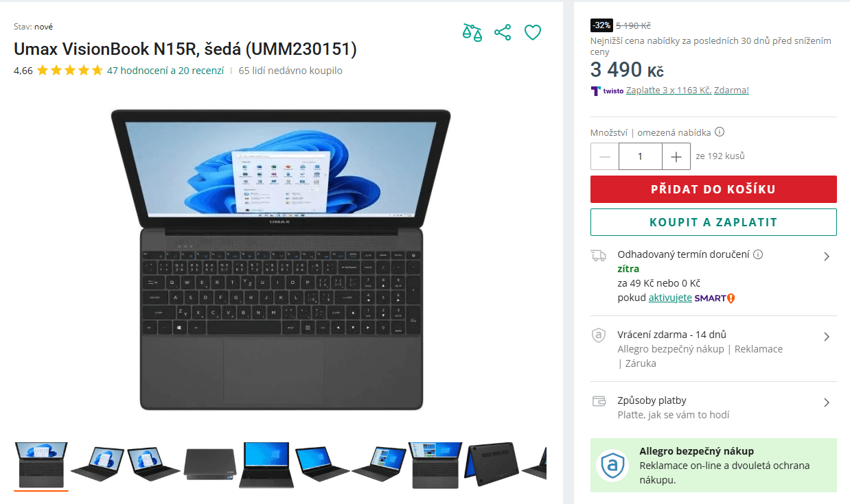 Umax 2,6GHz, 4GB RAM, SSD, 15,6", 1,4kg