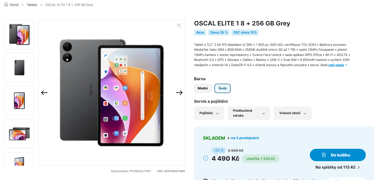 Tablet Oscal 8x 2,2 GHz, 8/256 GB, 12,1"