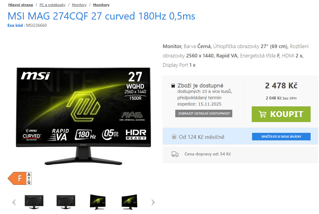 Herní prohnutý PC monitor MSI 27"