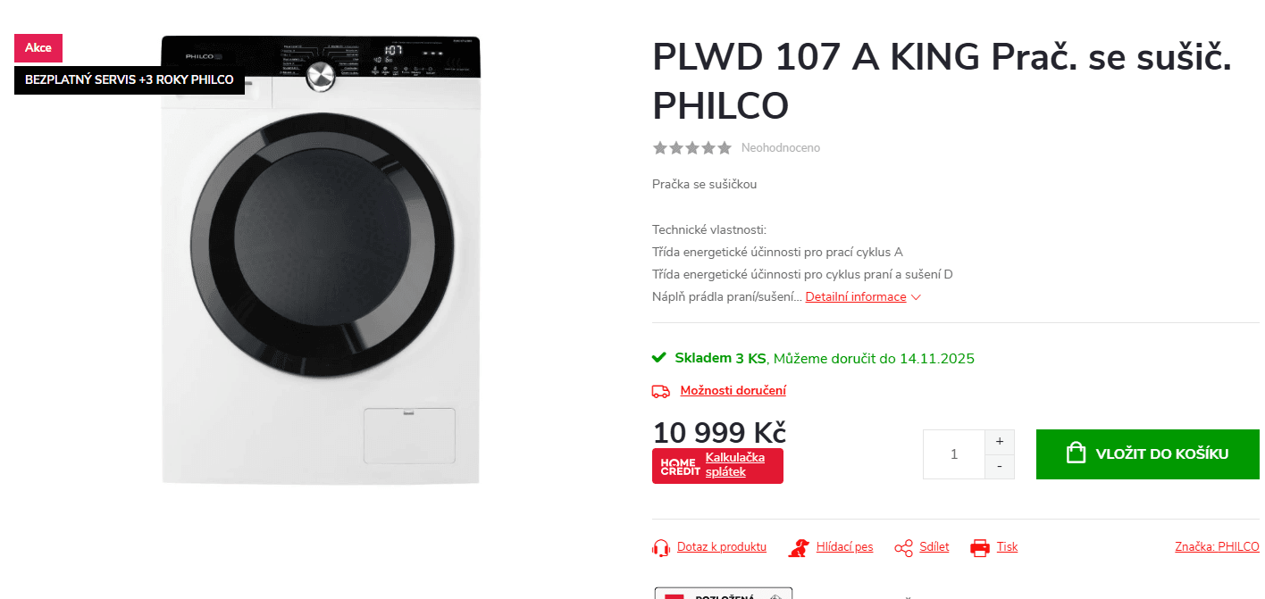 Pračka / Sušička Philco 10/7 kg, 1500ot., pára