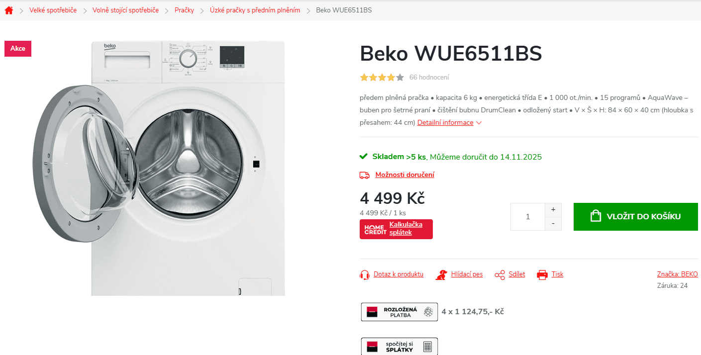 Pračka Beko 6 kg, 1000 ot., 44cm úzká