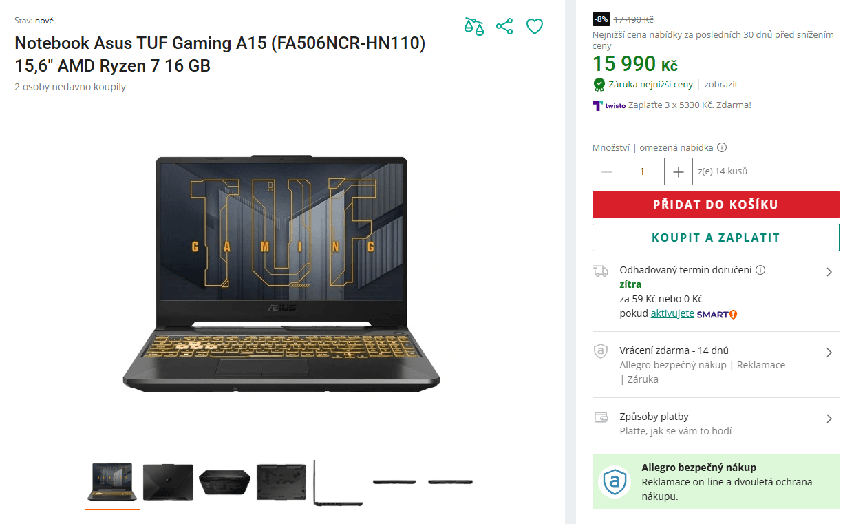 Asus 4,5 GHz, 16/1000 GB, Nvidia 4 GB, 15,6"