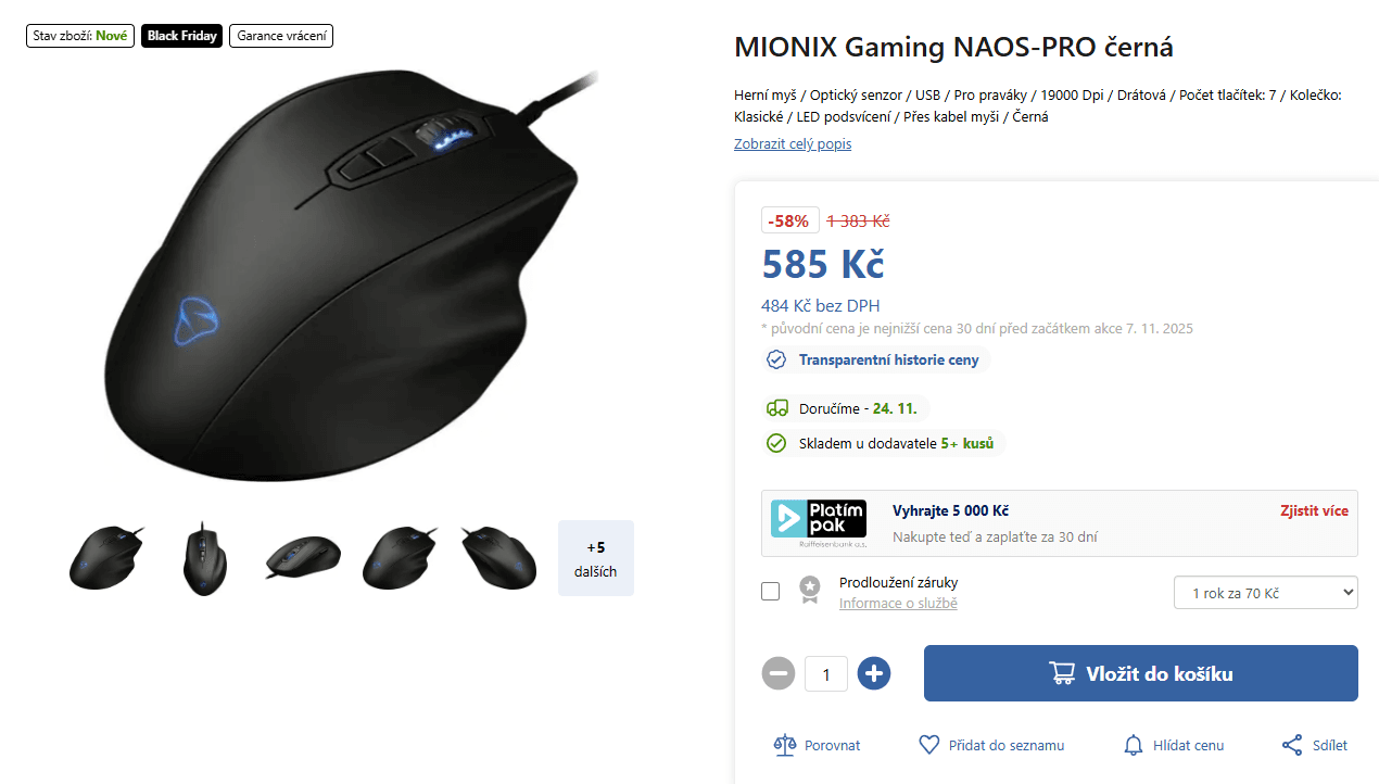 Herní myš Mionix 19000 DPI, RGB