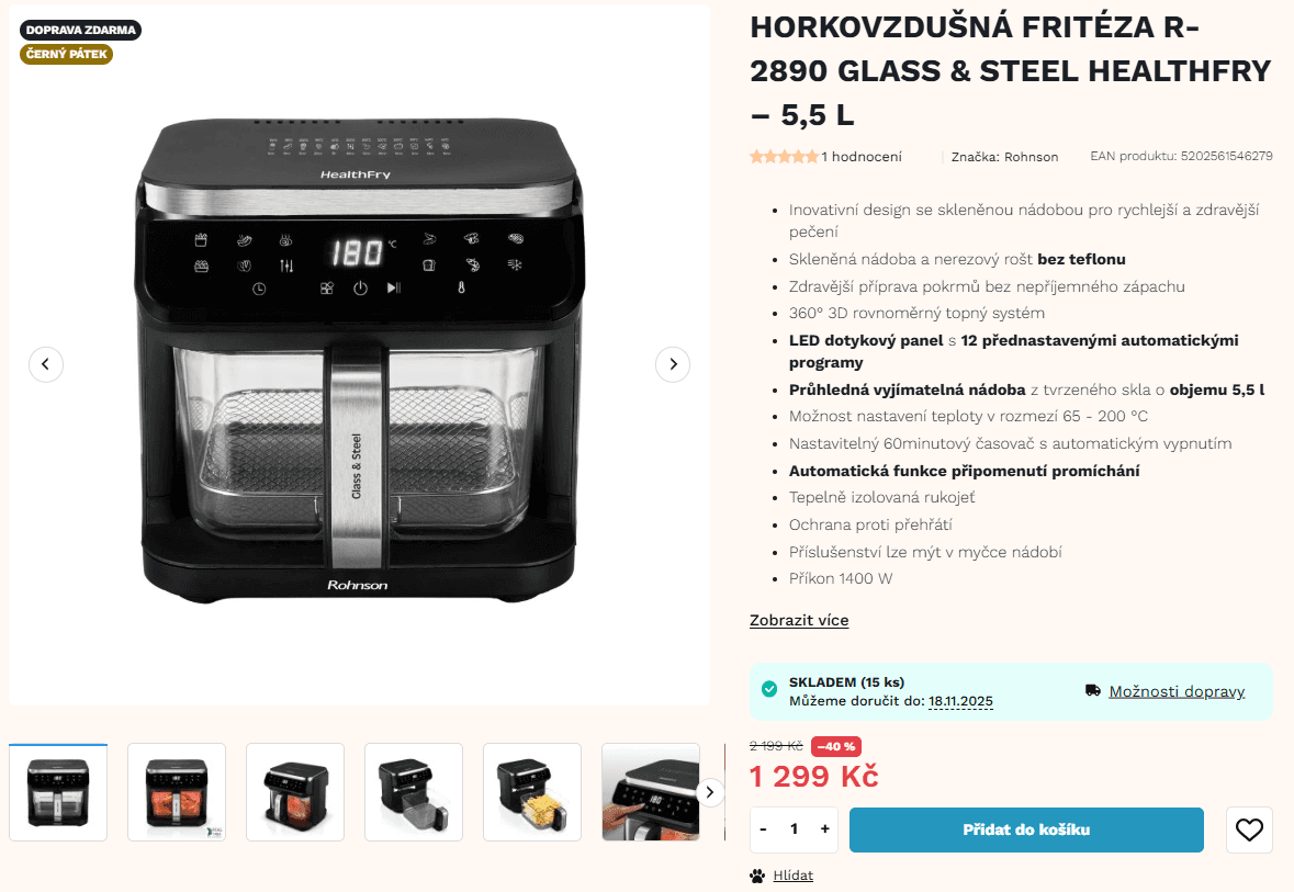 Horkovzdušná fritéza Rohnson 12 prg, 5,5 l.