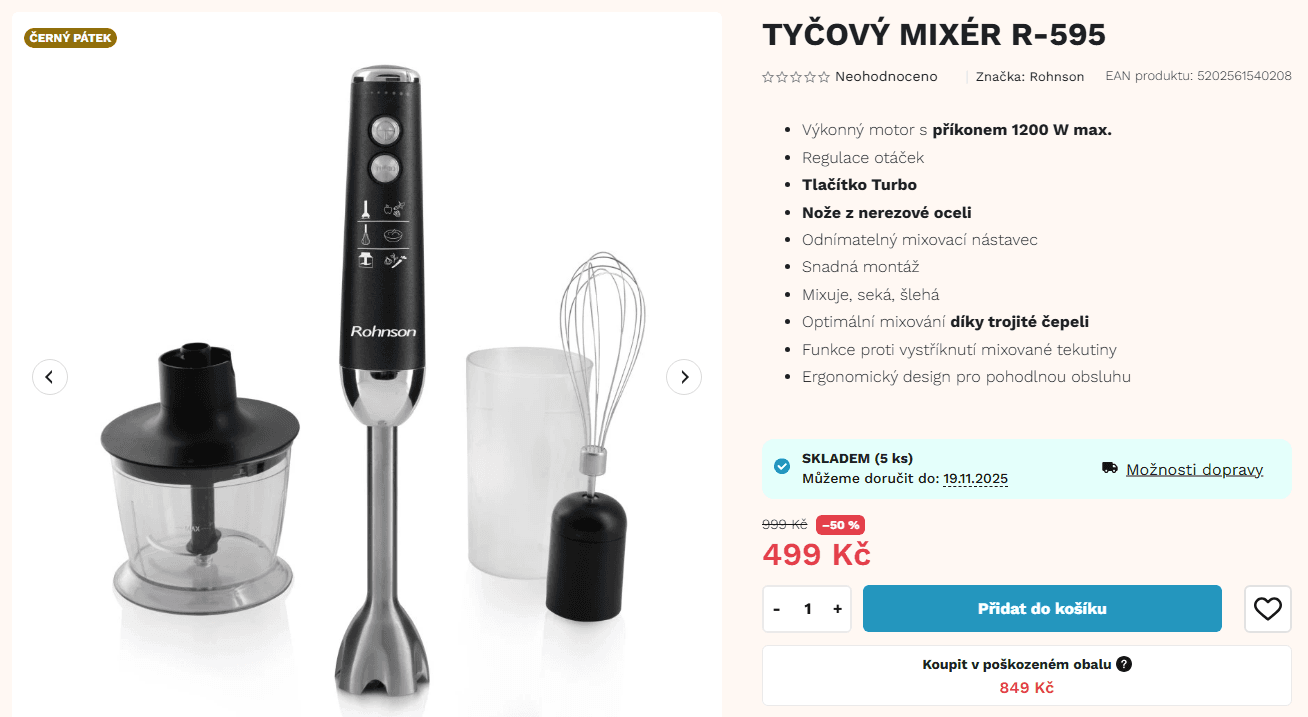 Tyčový mixér Rohnson - sekání, šlehání a mixování