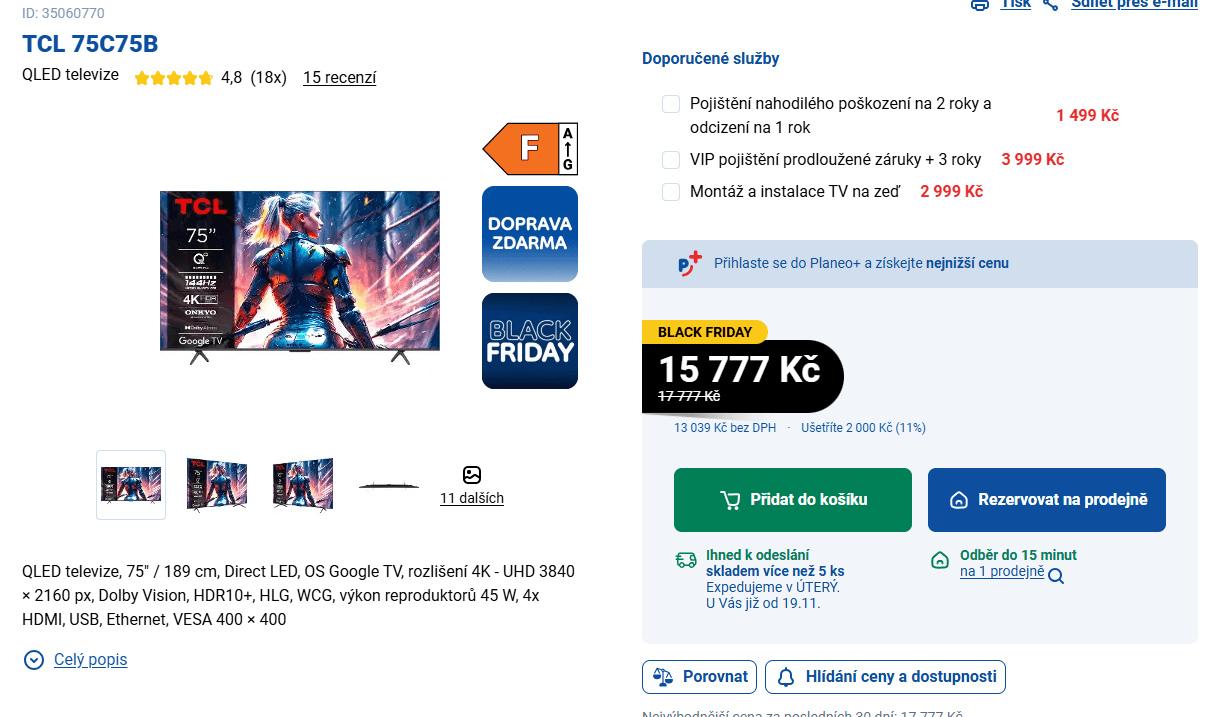 QLED 4K Google TV, 144Hz, 189cm, TCL