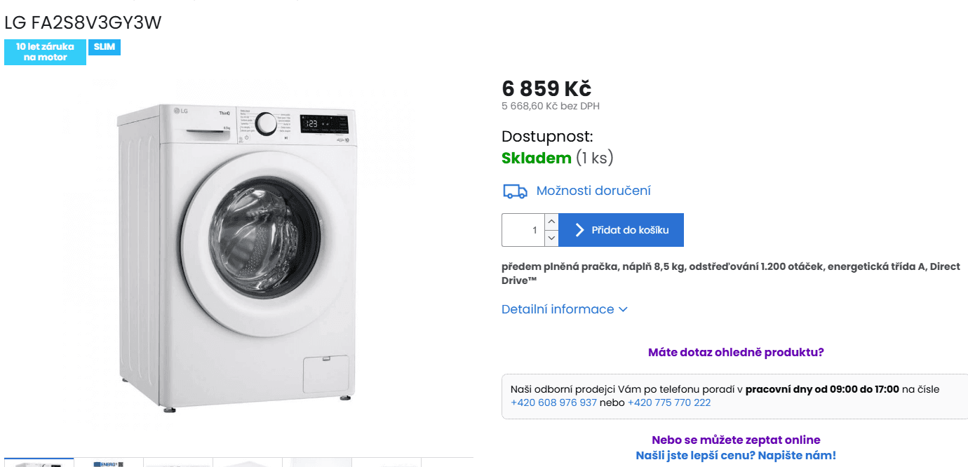 Úzká parní pračka LG 8,5kg, 1200ot.