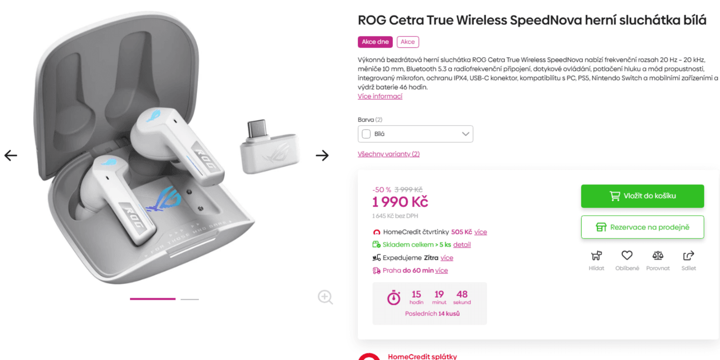 Herní BT sluchátka ROG Cetra TWS, ANC