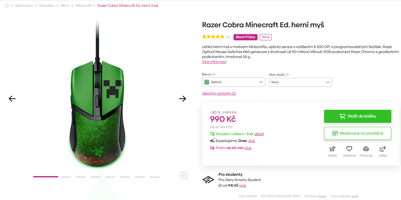 Herní myš Razer Cobra Minecraft