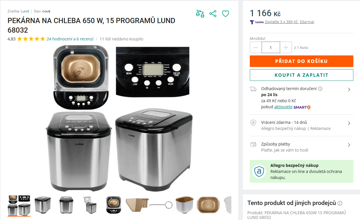 Domácí pekárna LUND, 15 prg