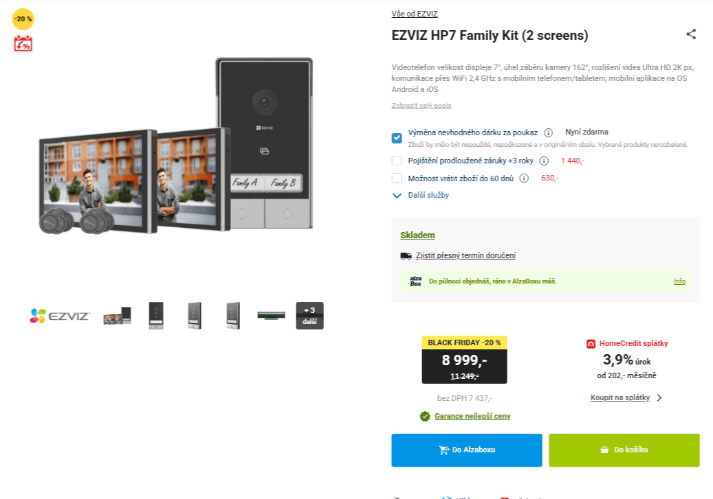 Videotelefon EZVIZ, zvonek, 2x monitor, funkce