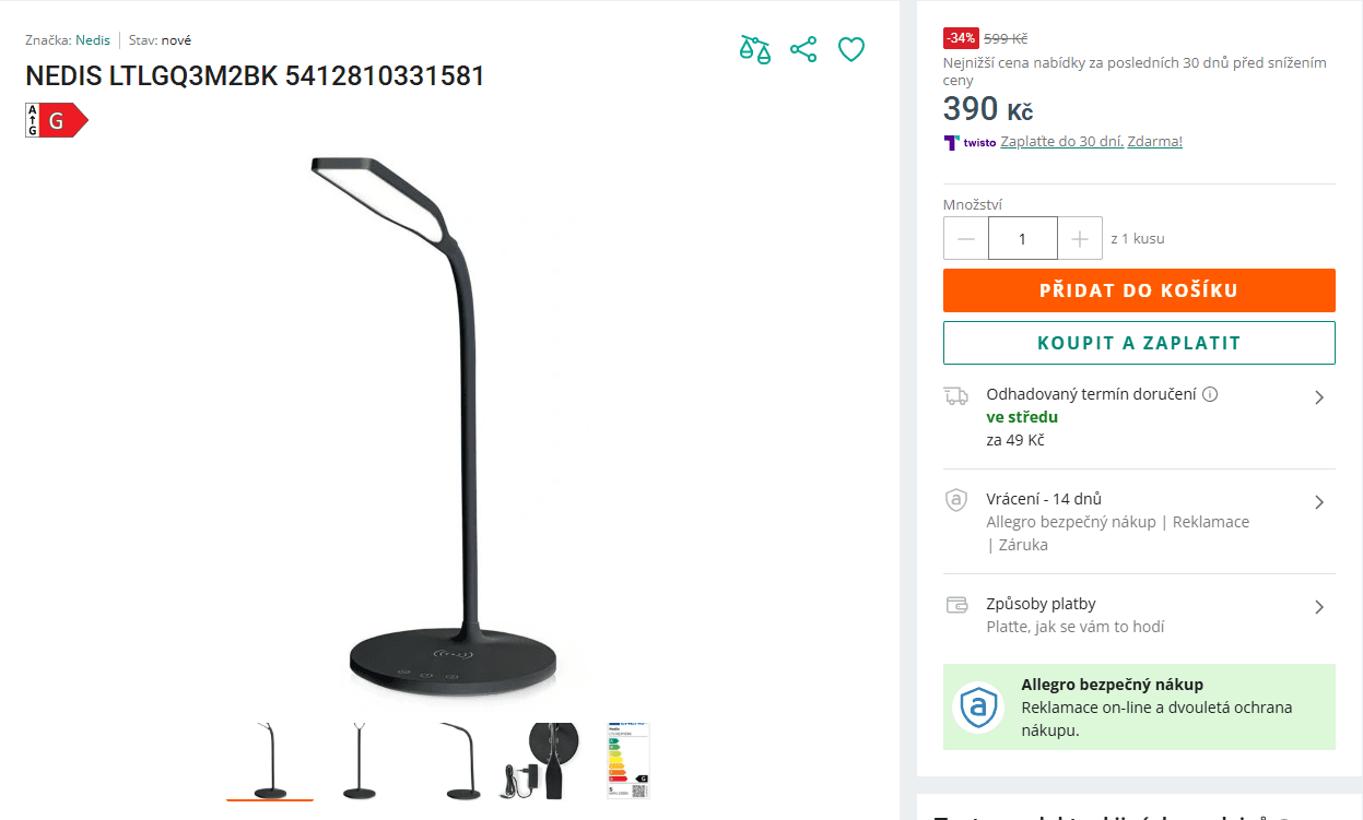 Chytrá lampa Nedis, nabíječka Qi, 3 režimy