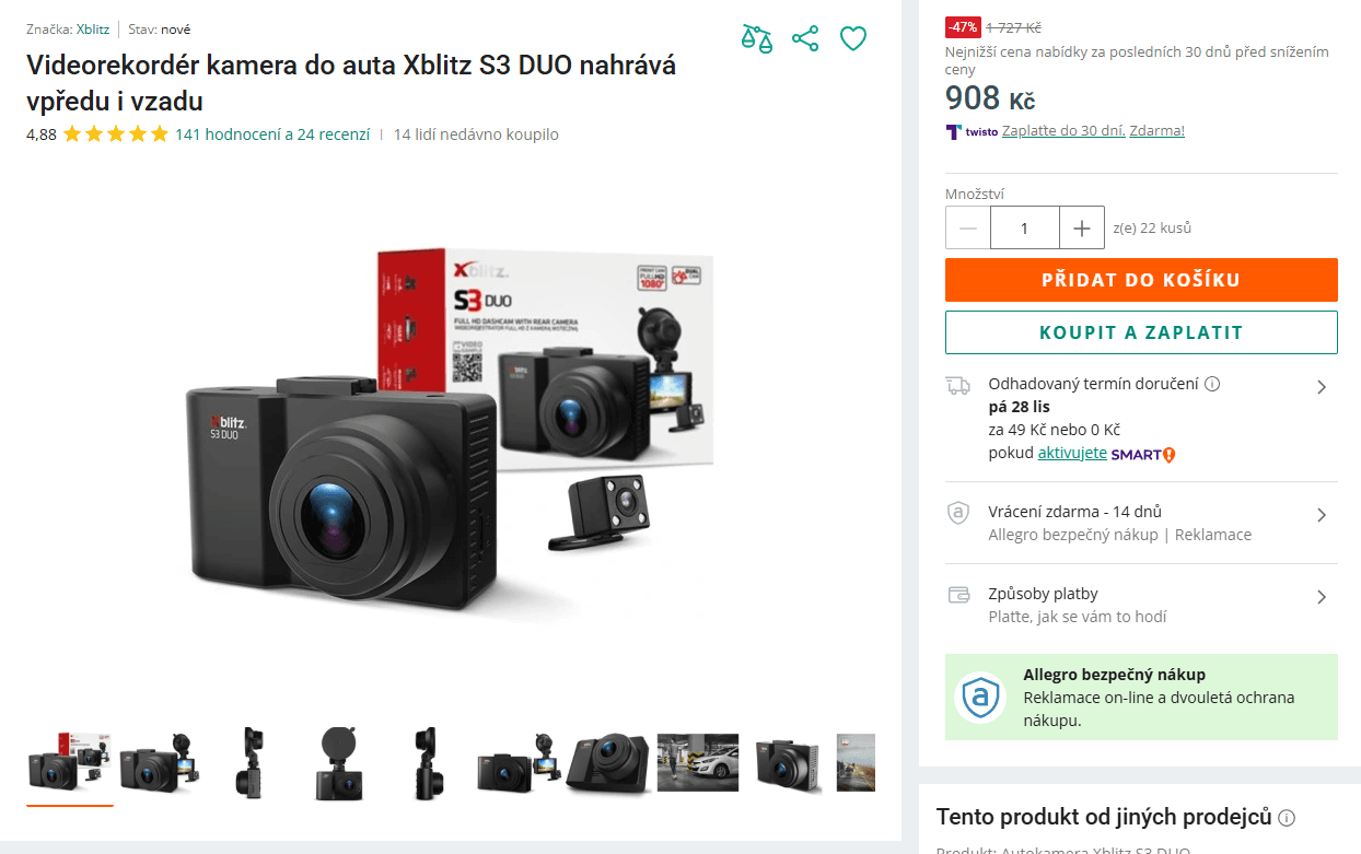 Autokamera Xblitz S3 DUO přední i zadní