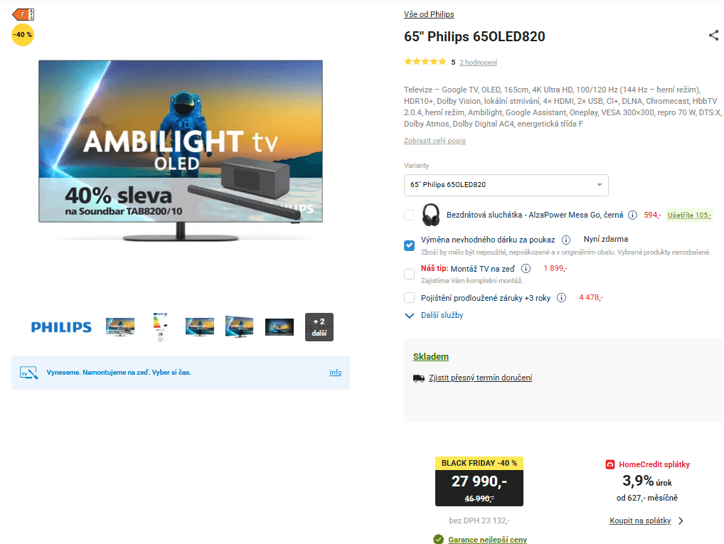 OLED 4K TV Ambilight, 70W, Atmos, 165cm, Philips
