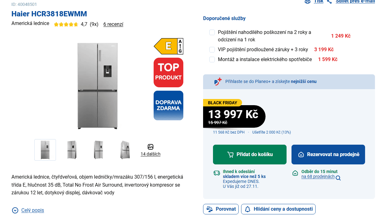 Americká lednice Haier, voda, 182cm