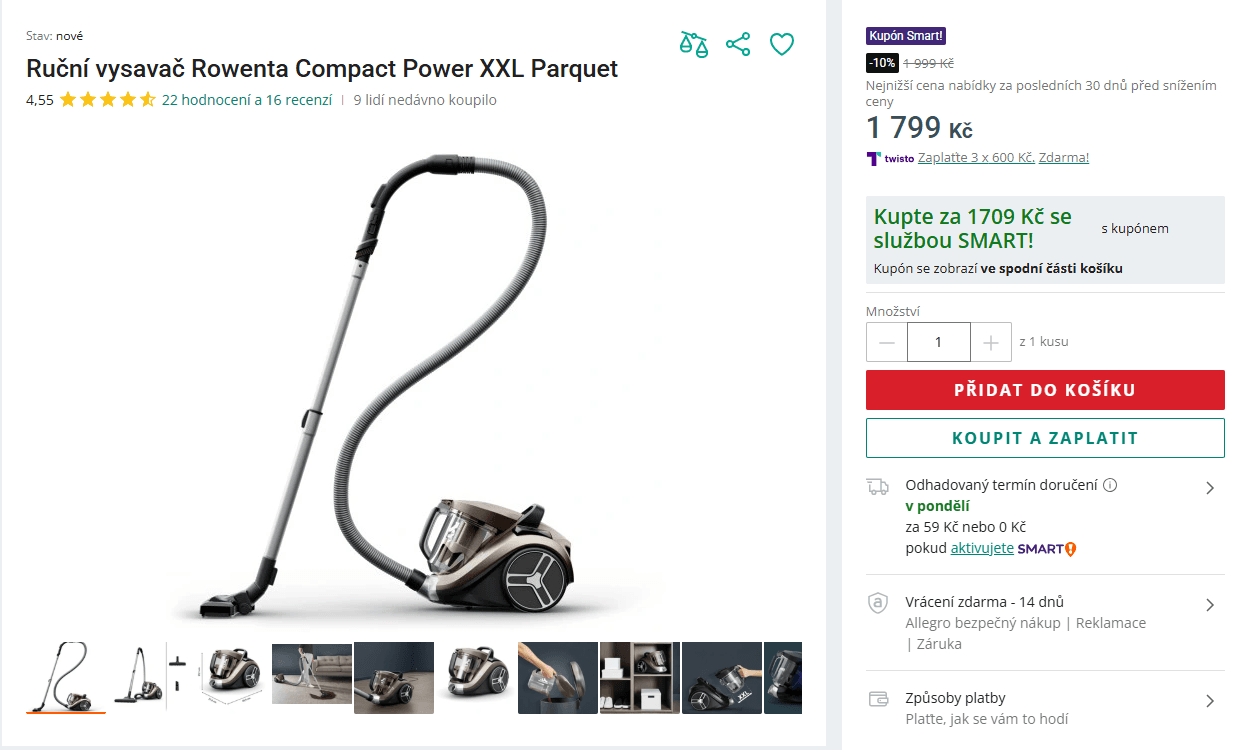 Bezsáčkový vysavač Rowenta, cyklon, Hepa