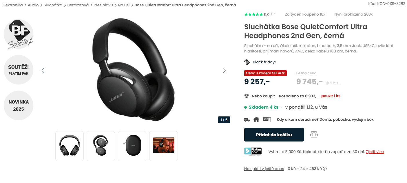 BT sluchátka Bose, ANC, BT 5.4, 30 hodin