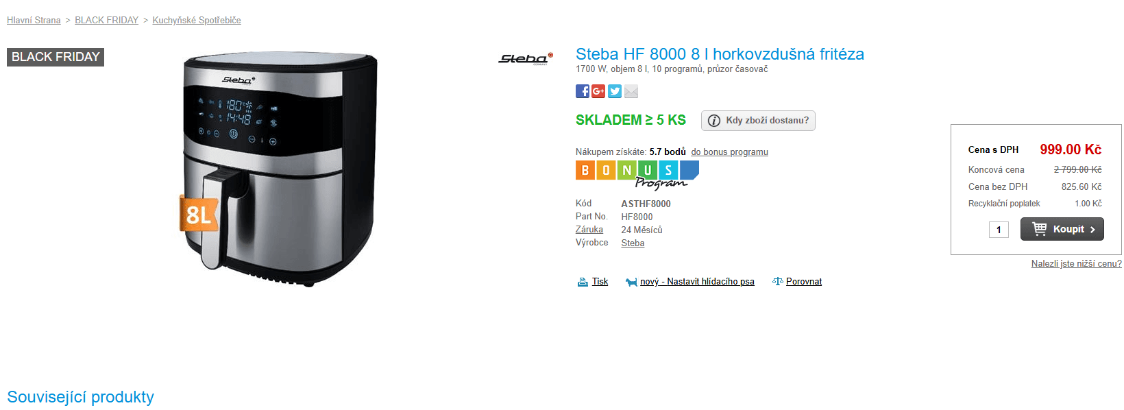 Horkovzdušná fritéza Steba 8 prg, 8 l.