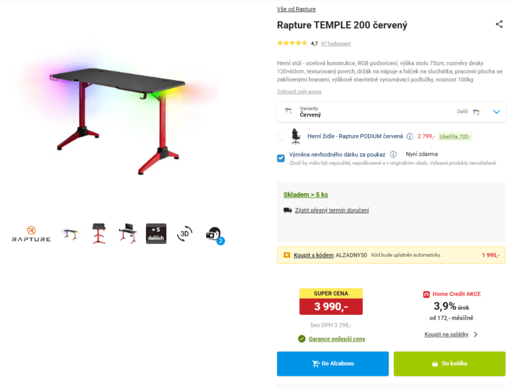 Herní stůl Rapture, RGB, 120x60 cm