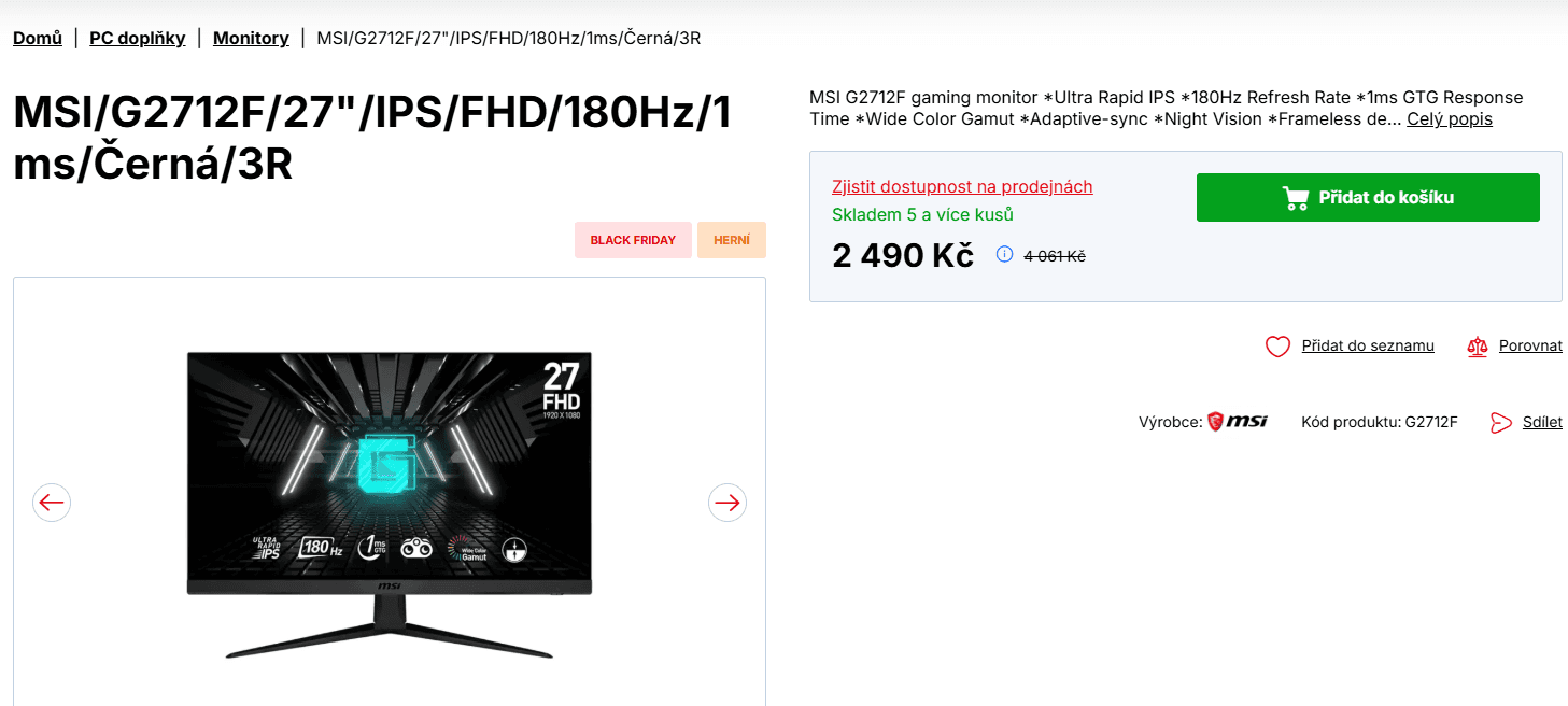 Herní PC monitor MSI 27", full HD