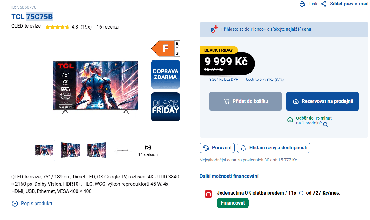 QLED 4K Google TV, 144Hz, 189cm, TCL