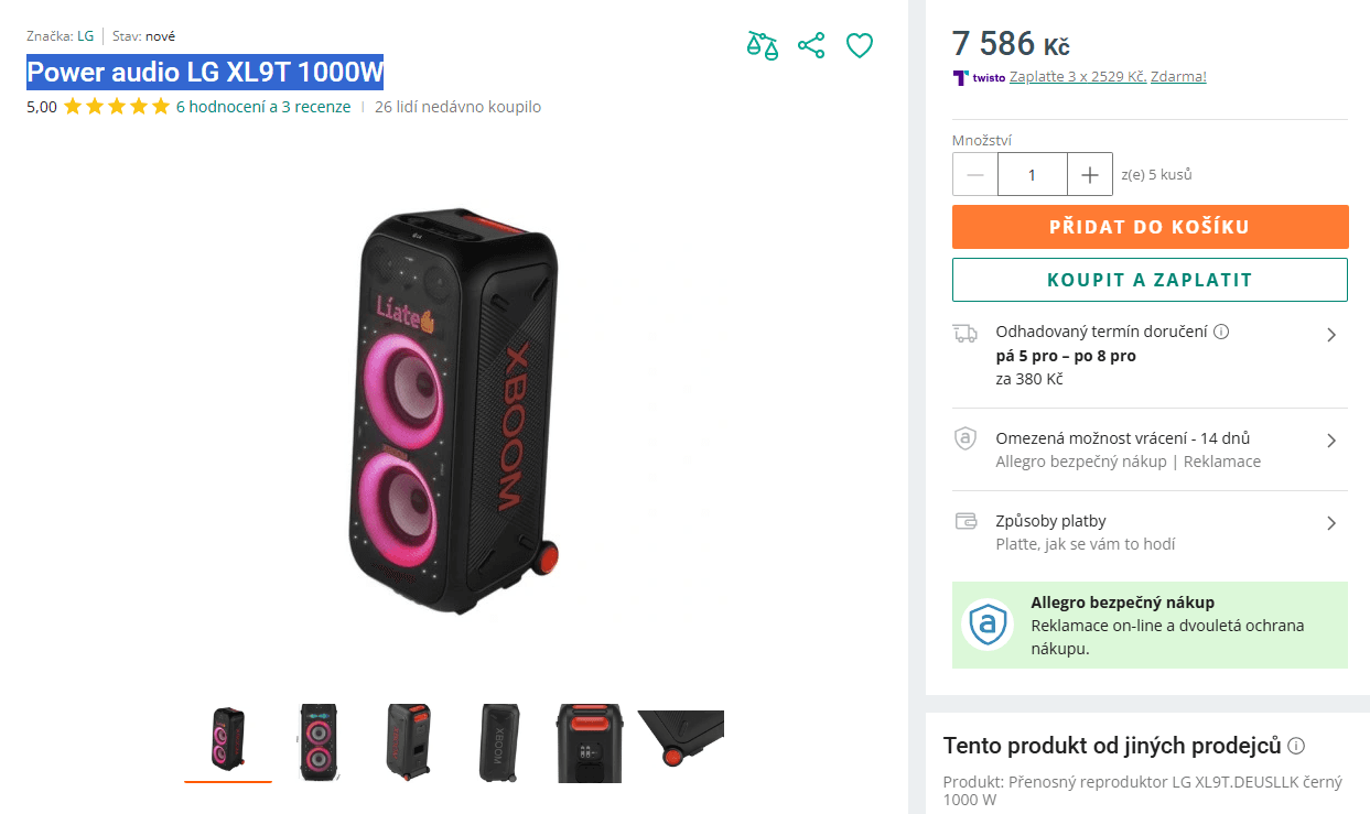 BT party repro 2.2 LG 1000W, 92x43 cm, RGB