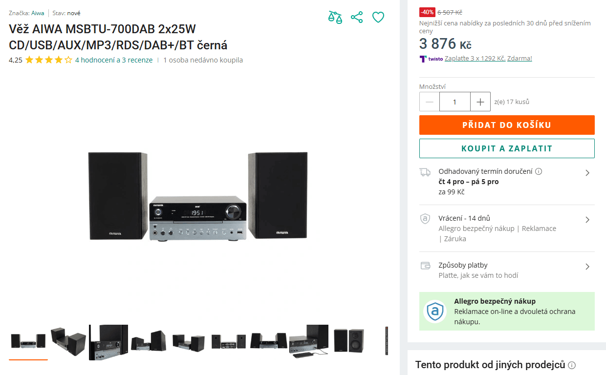 HIFI mikrosystém 2.0 Aiwa, BT, 50W, USB, CD, DAB+, rádio