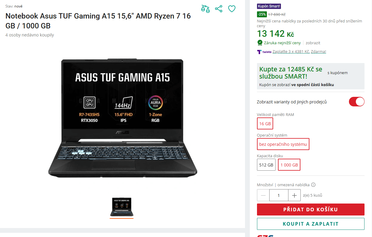 Asus 4,5 GHz, 16/1000 GB, Nvidia 4 GB, 15,6"