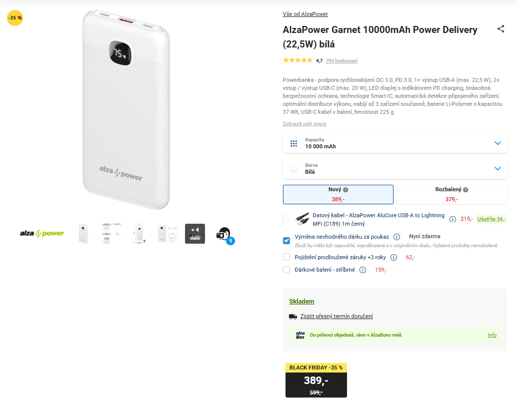 Powerbanka AlzaPower 10000mAh, 22,5 W