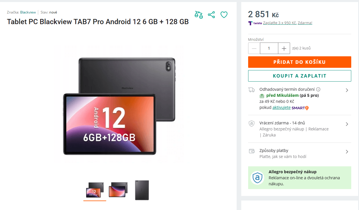 Tablet Blackview 8x 1,6 GHz, 6/128 GB, 10,1"