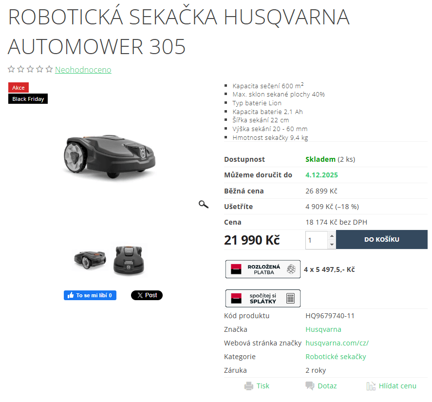 Robot sekačka Husqvarna Automower 305, 600 m²