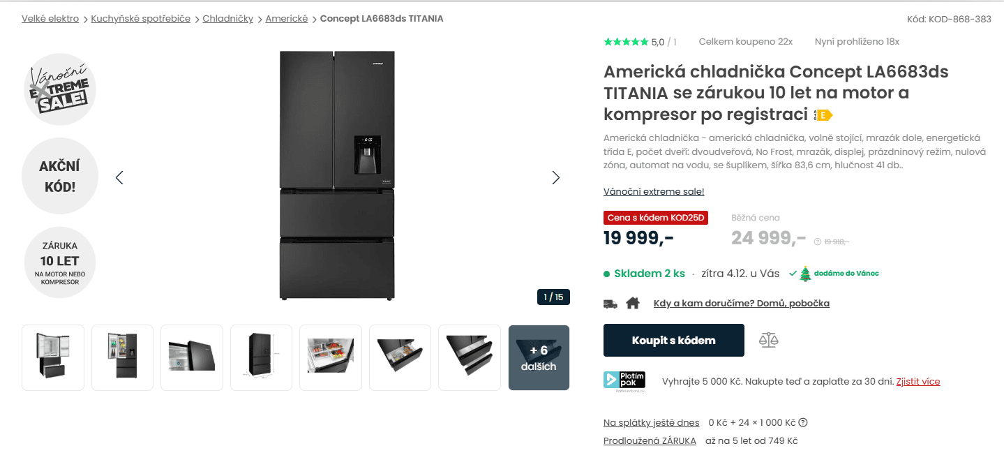 Americká lednice Concept, voda, 183cm