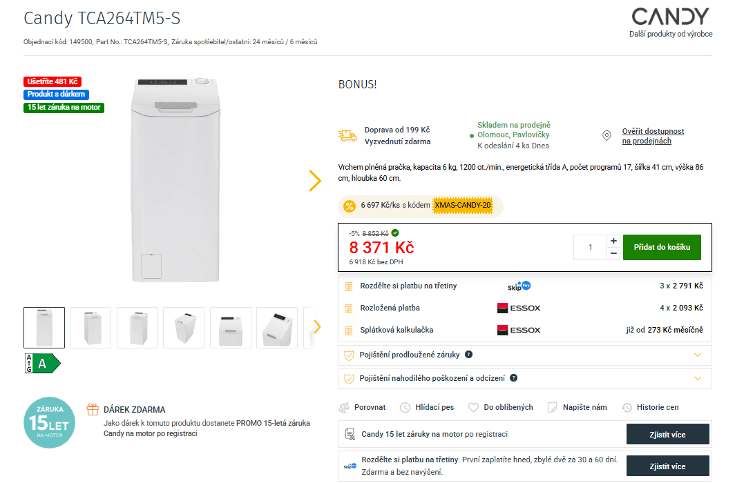 Pračka Candy, 6kg, 1200 ot., Wifi, BT