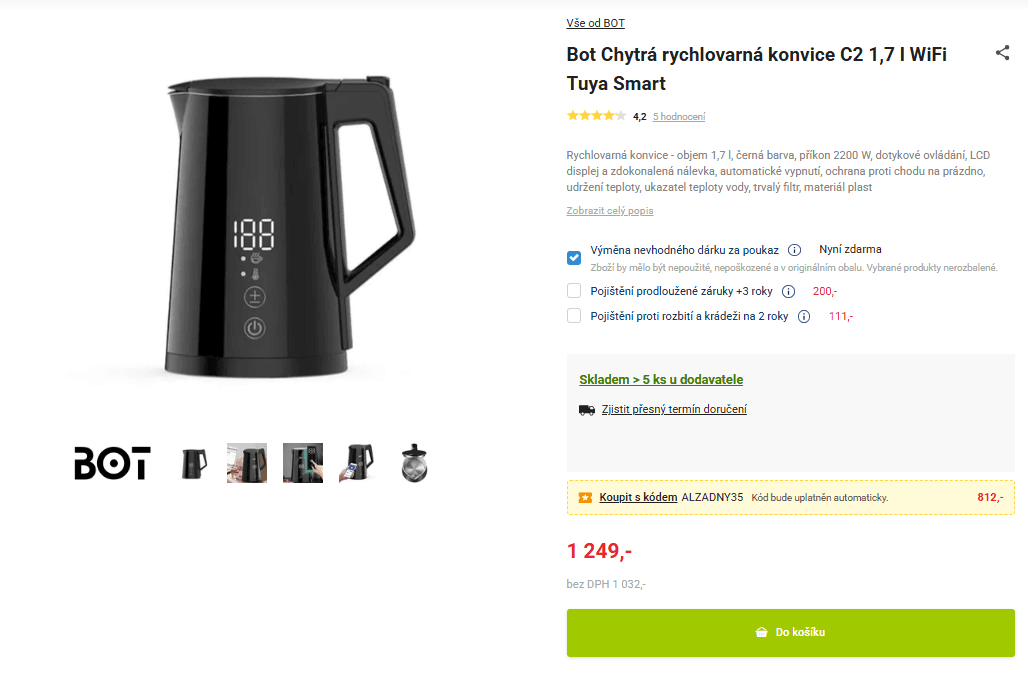 Chytrá rychlovarná konvice BOT 1,7 l., aplikace