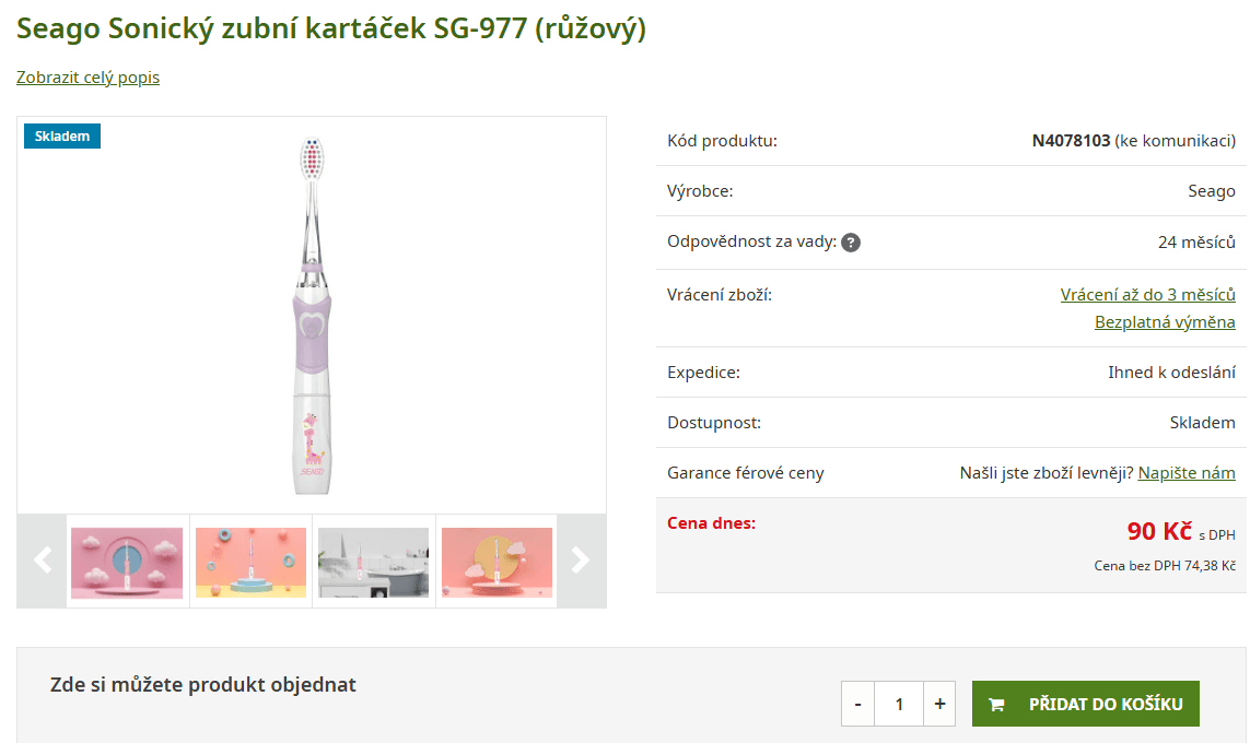 Sonický kartáček pro děti Seago, 2 režimy, 3 hlavice