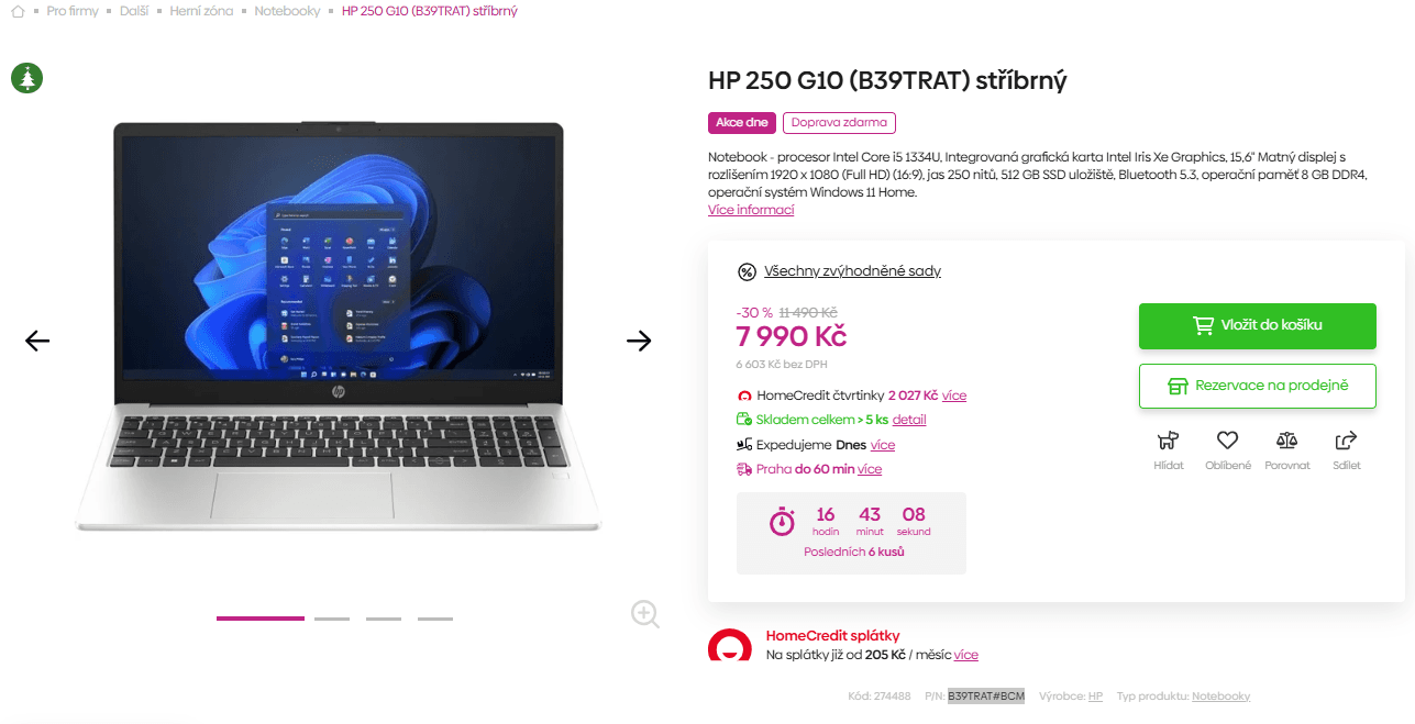 HP i5 4,6GHz, 8/512GB RAM, 15,6"