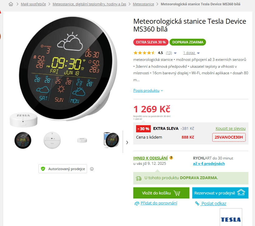 Meteostanice Tesla, předpověď, budík, 5,9"