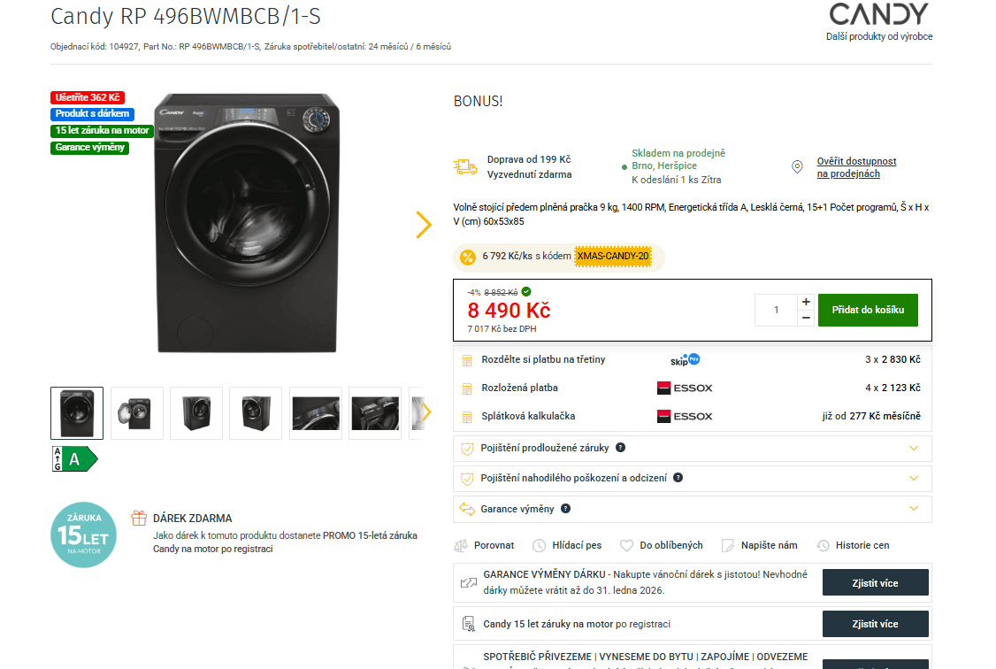 Pračka Candy, 9 kg, 1400 ot., Wifi, BT, A