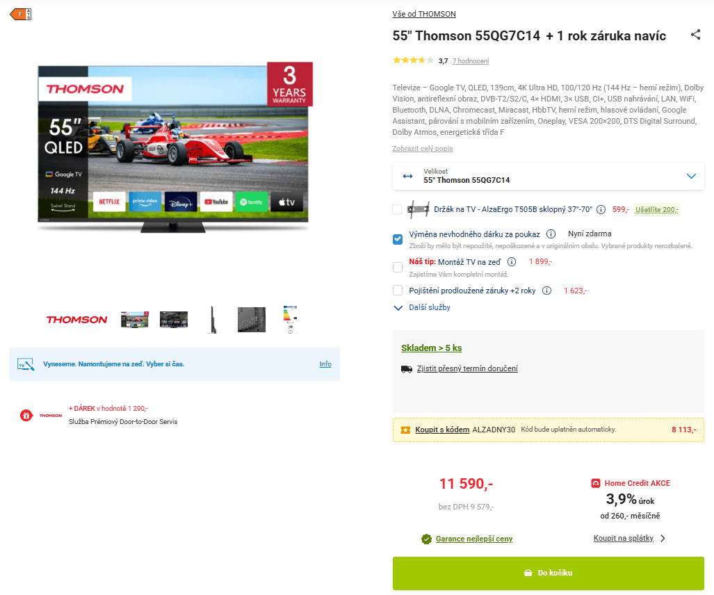 4K QLED Smart TV, Atmos, 100Hz, 139 cm, Thomson