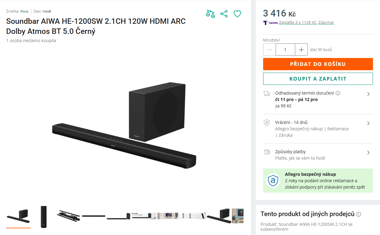 Soundbar Aiwa 2.1, 120 W, Atmos, subwoofer