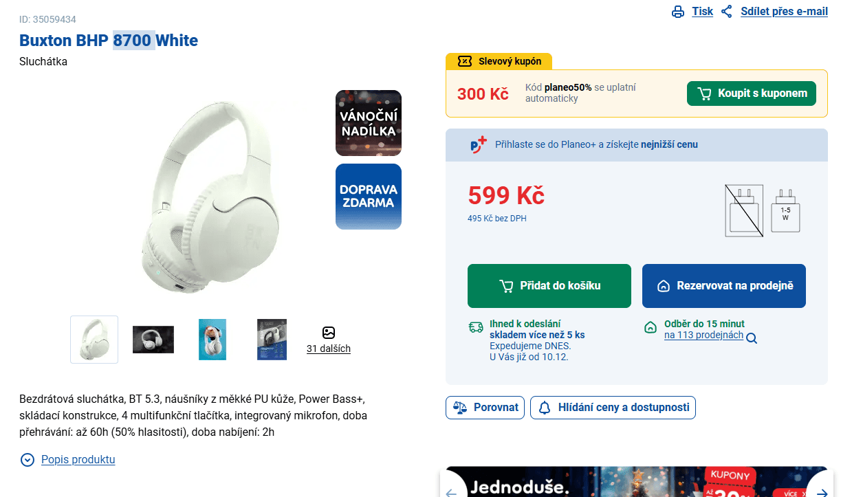 BT sluchátka Buxton, 60 hodin