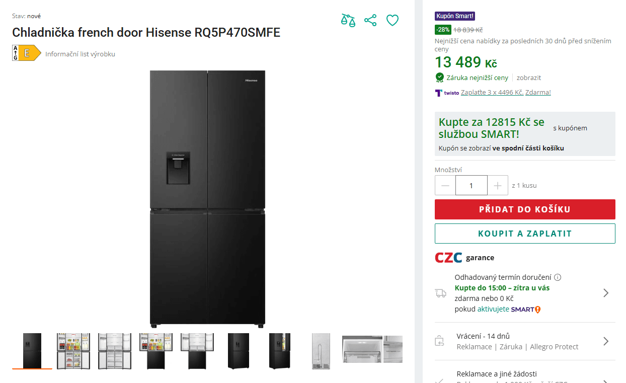 Am. lednice Hisense, voda, TNF, 179cm