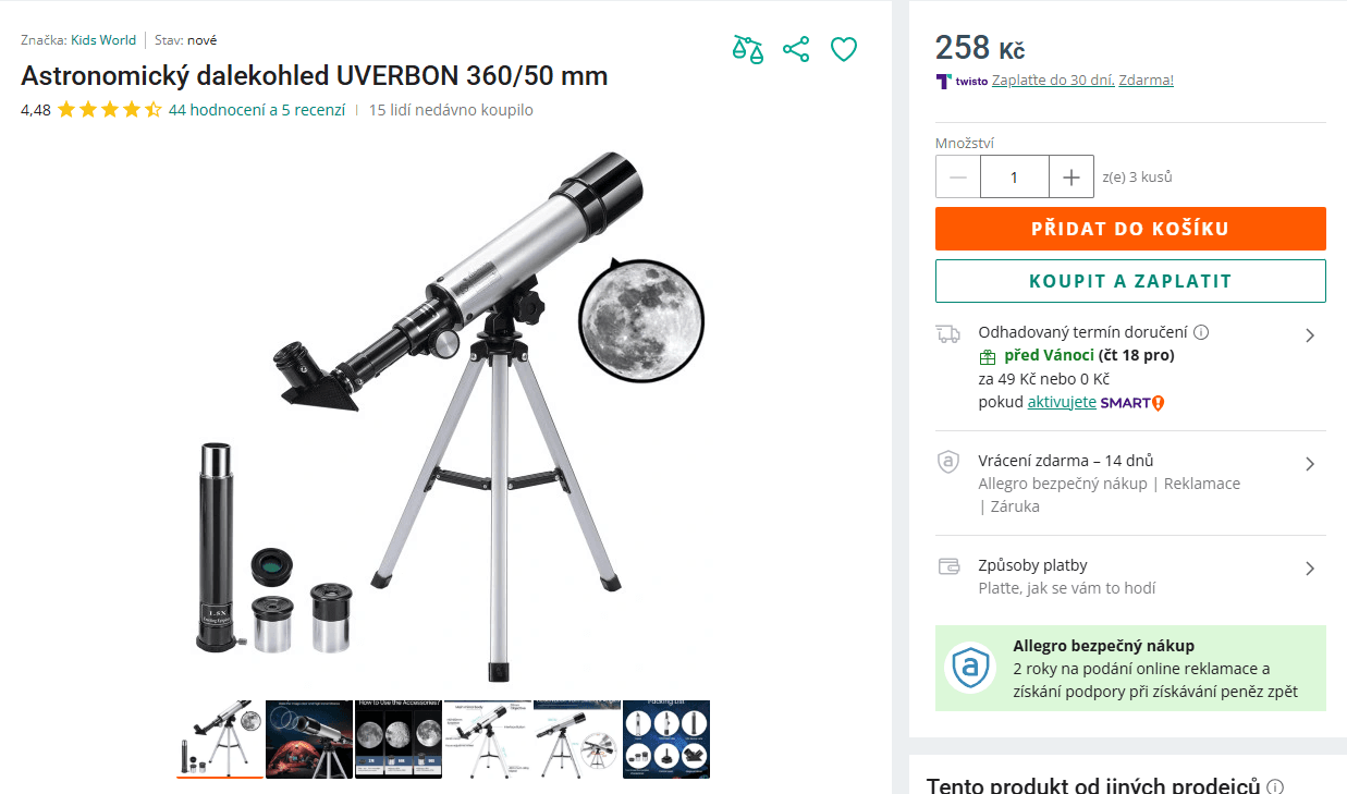Astronomický dalekohled Uverbon 360/50 mm pro děti