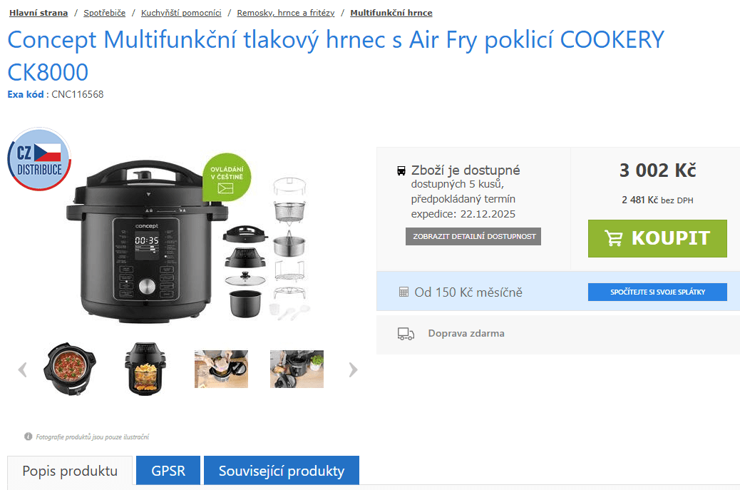 Multifunkční tlakový hrnec ECG, Airfryer, 5,6 l., 42 prg