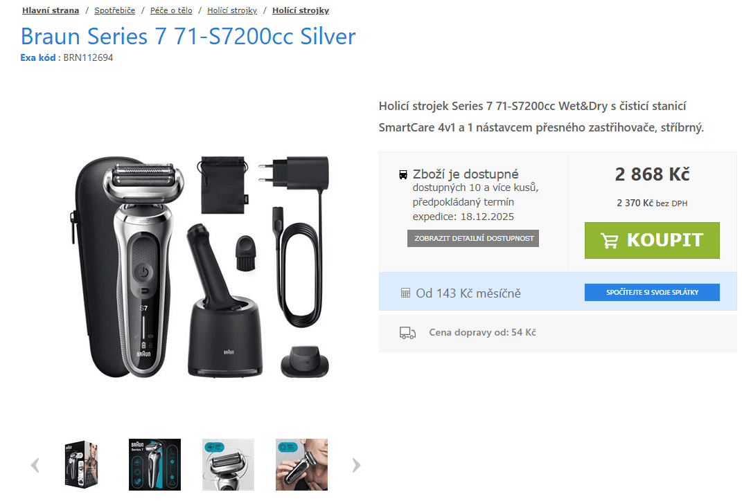 Holící strojek Braun Series 7 71-S7200cc Wet & Dry Silver 