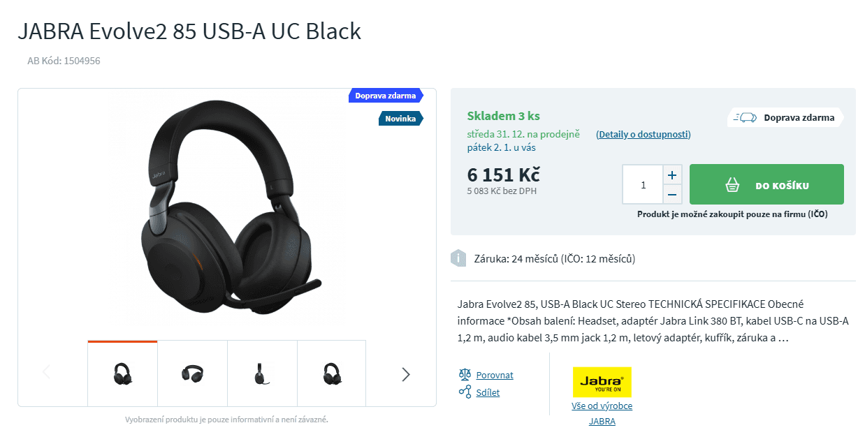 BT sluchátka Jabra Evolve2 85, ANC, 37 hodin